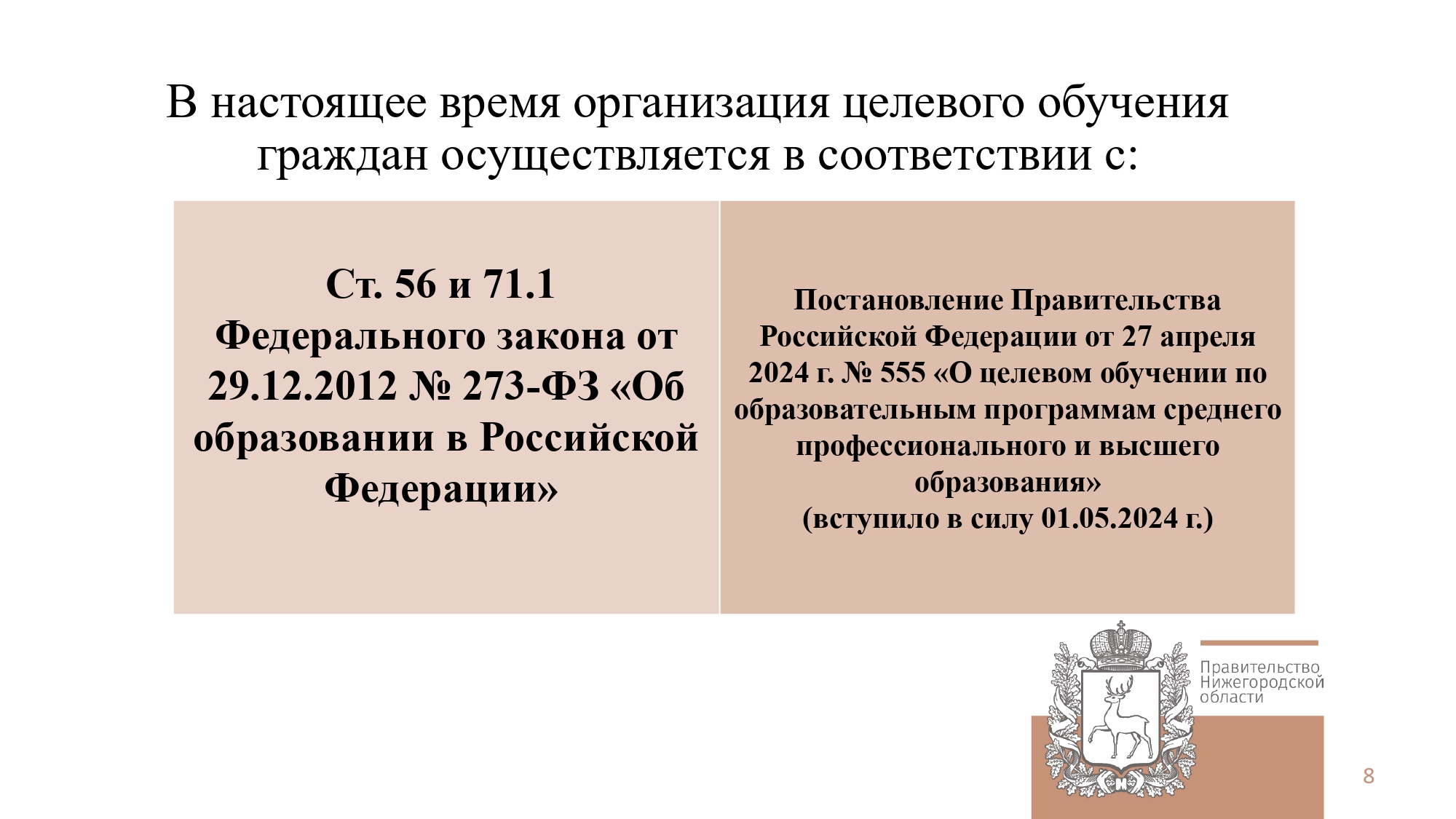 В настоящее время организация целевого обучения граждан осуществляется в соответствии с ст. 54 и 71.1. и Постановлением Правительства РФ от 27.04.2024 №555