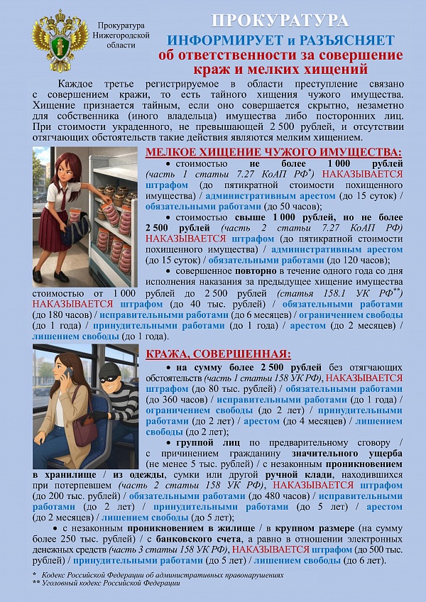 Ппрокуратура информирует
об ответственности за совершение краж и мелких хищений